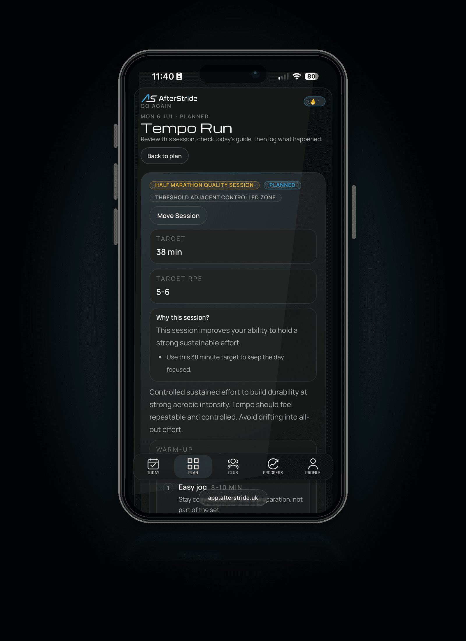 AfterStride guided tempo run screen